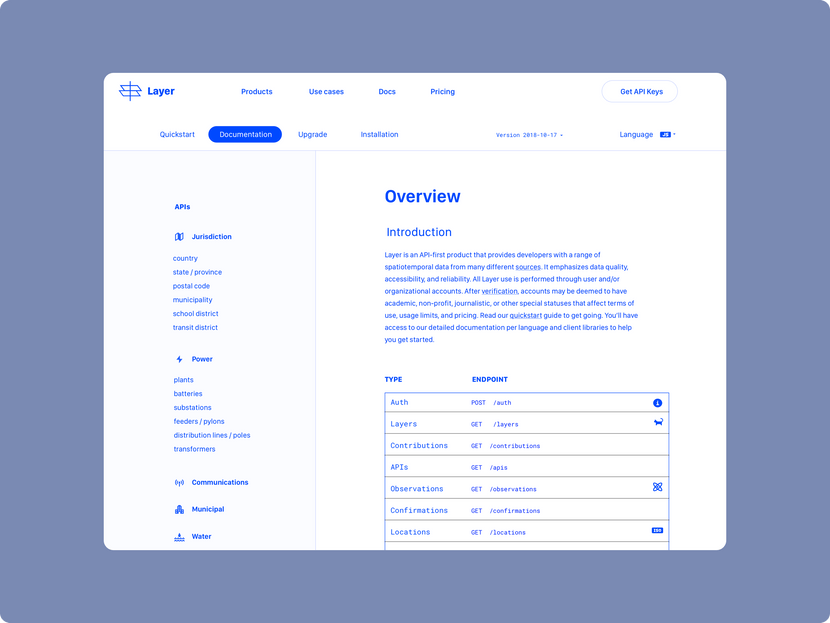 Layer's value proposition was grounded in developer experience and world-class documentation. I designed the documentation site (shown) and helped get it into production using declarative configuration in a modern devops style.